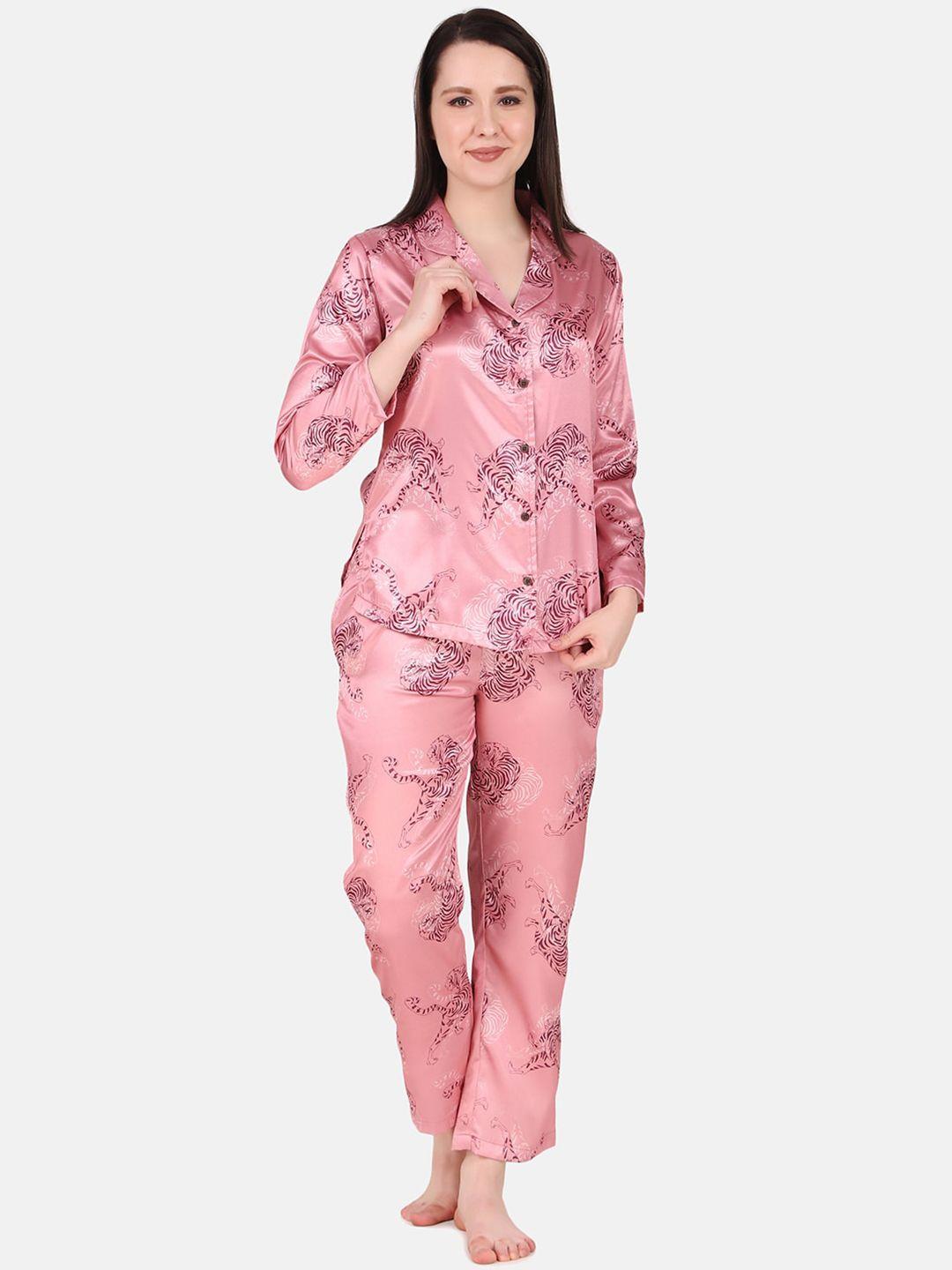 masha women pink & white printed night suit