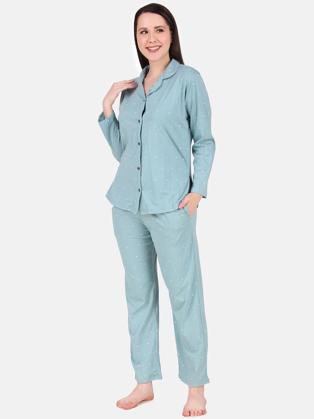 masha women turquoise blue & white pure cotton  printed night suit