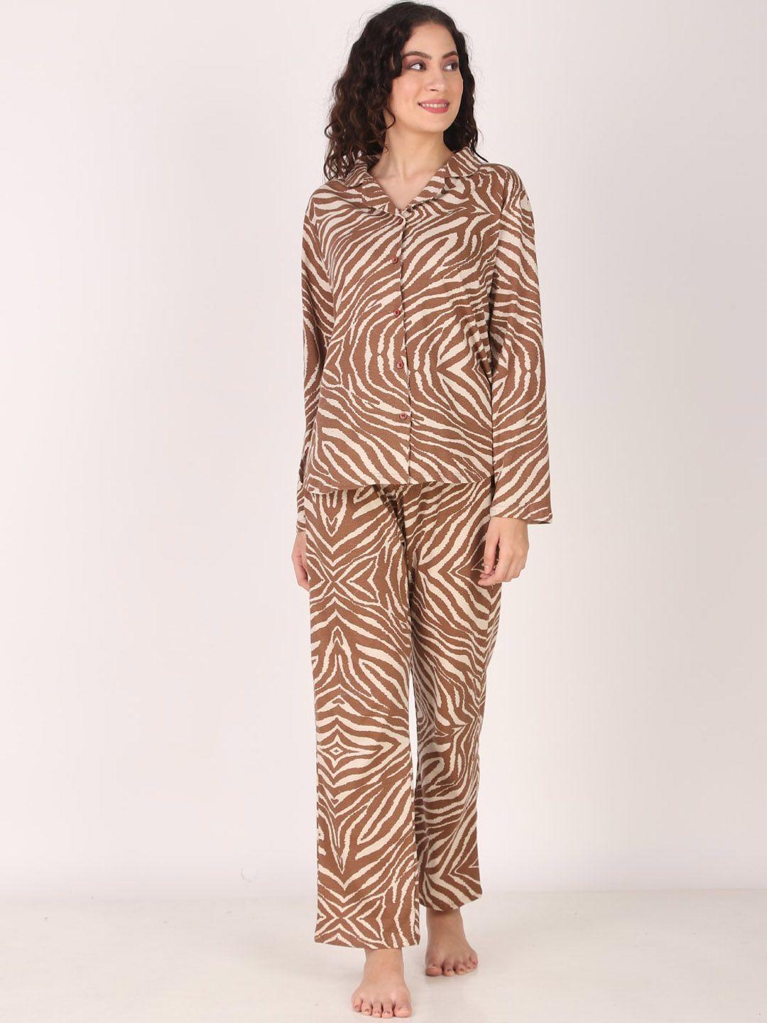 masha animal printed shirt collar long sleeves satin oversized shirt & pyjamas