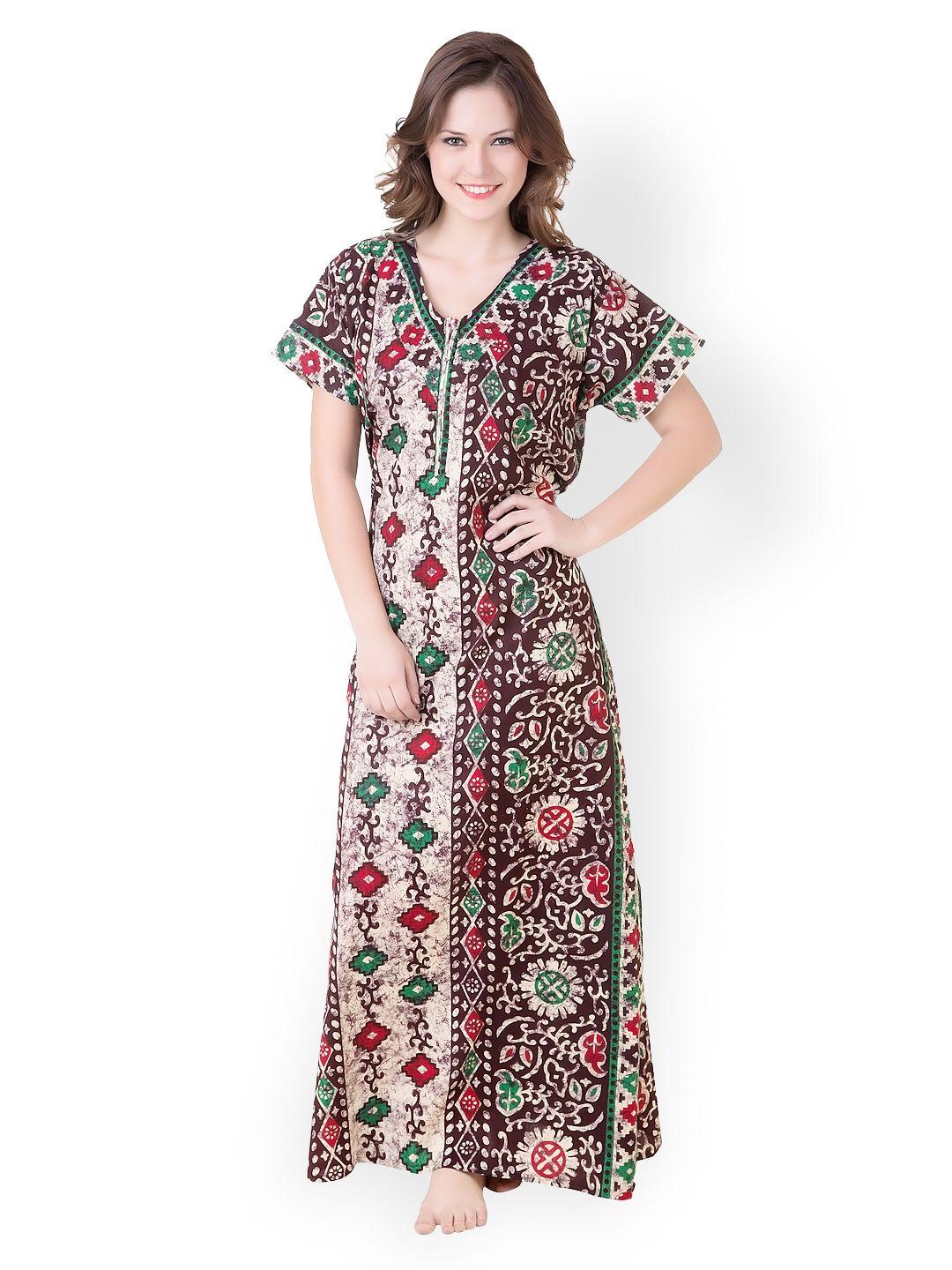 masha biege & brown printed maxi nightdress nt52-179