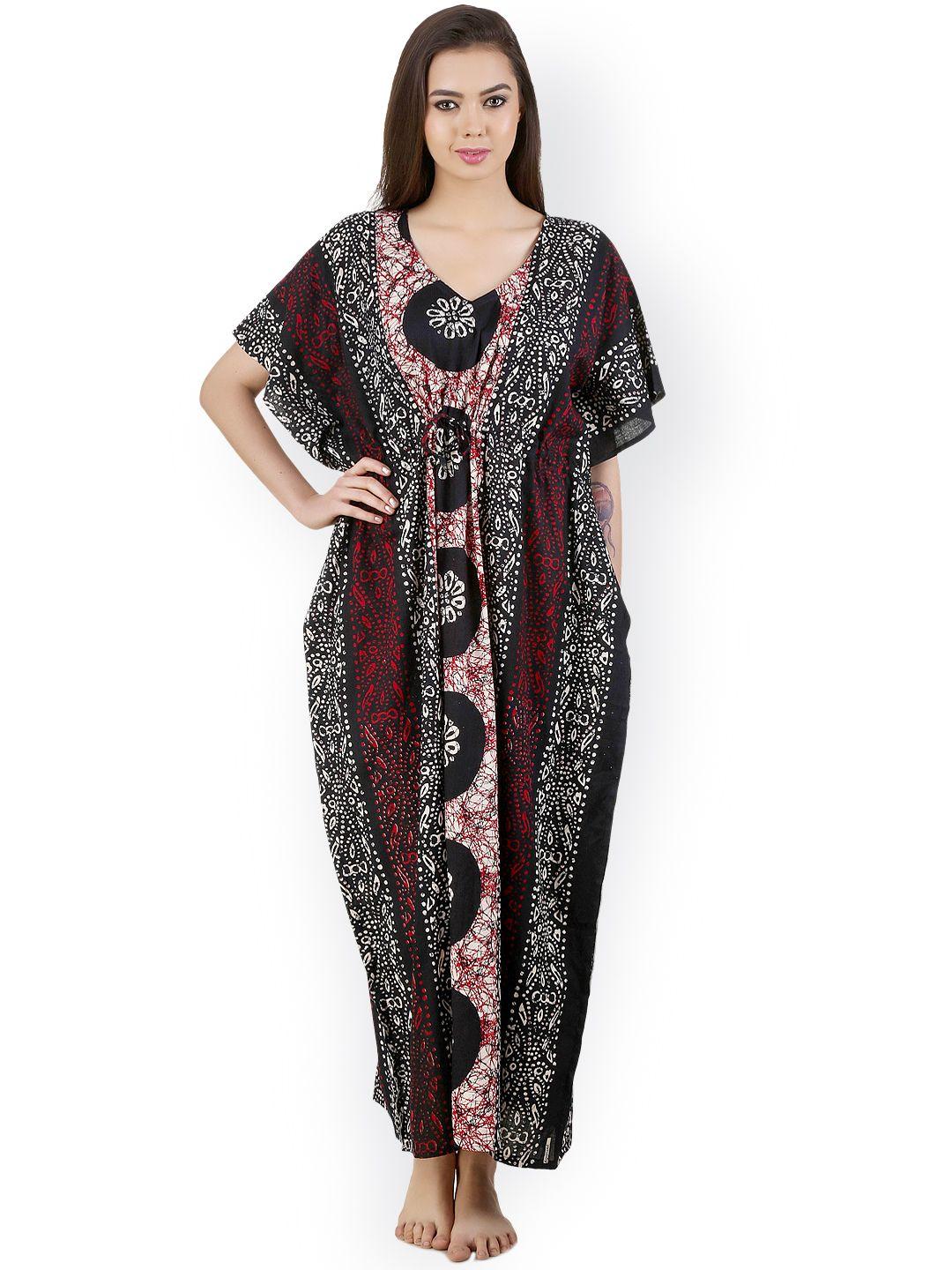 masha black & maroon printed maxi nightdress nt-a73-638