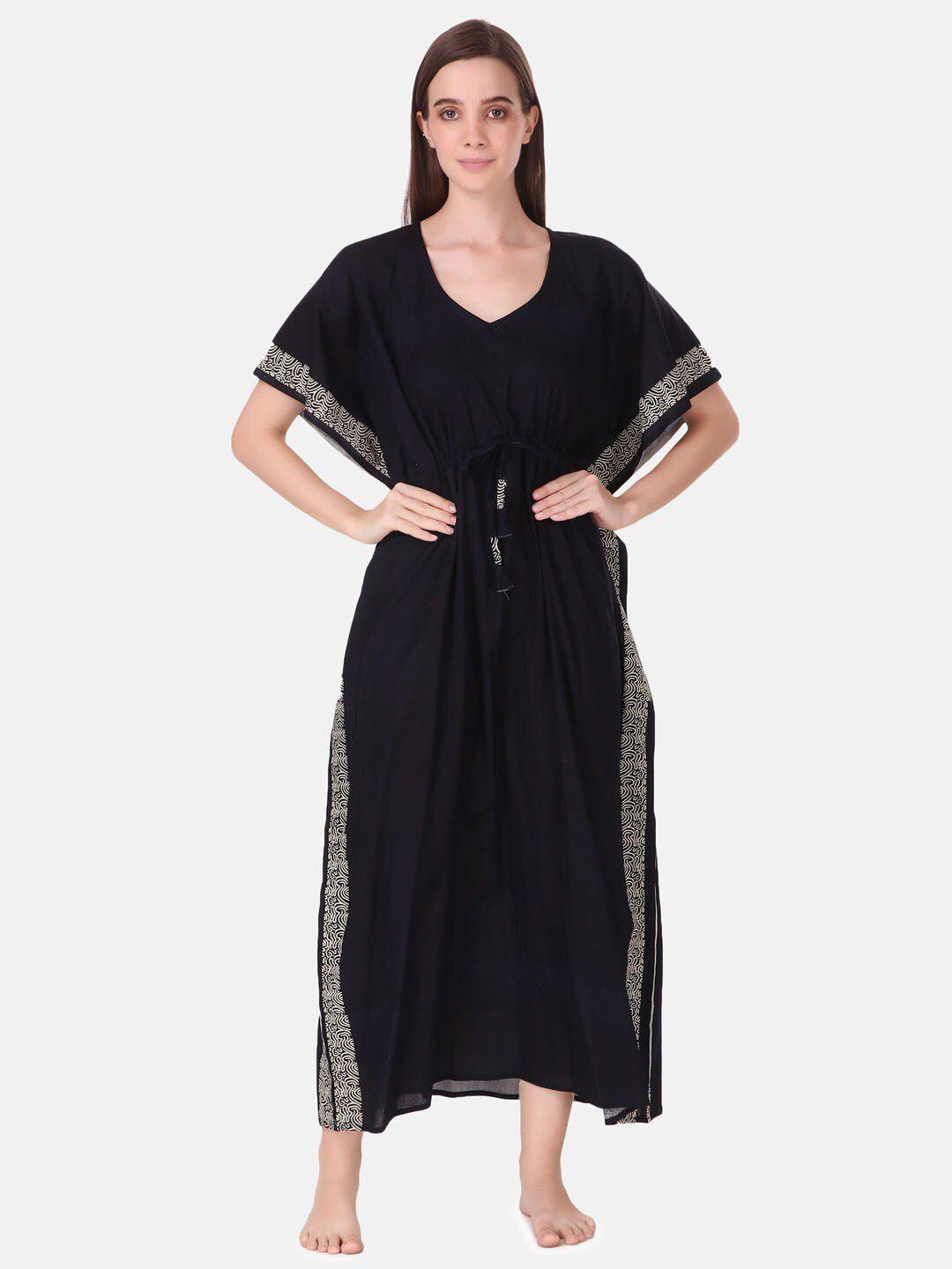 masha black batik printed pure cotton maxi kaftan nightdress