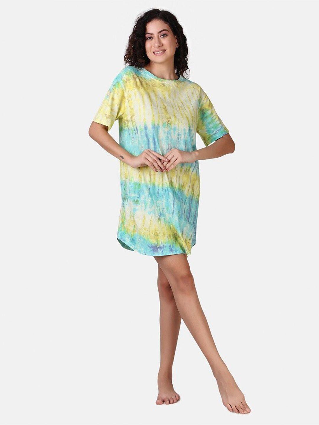 masha blue & yellow tie & dyed pure cotton nightdress