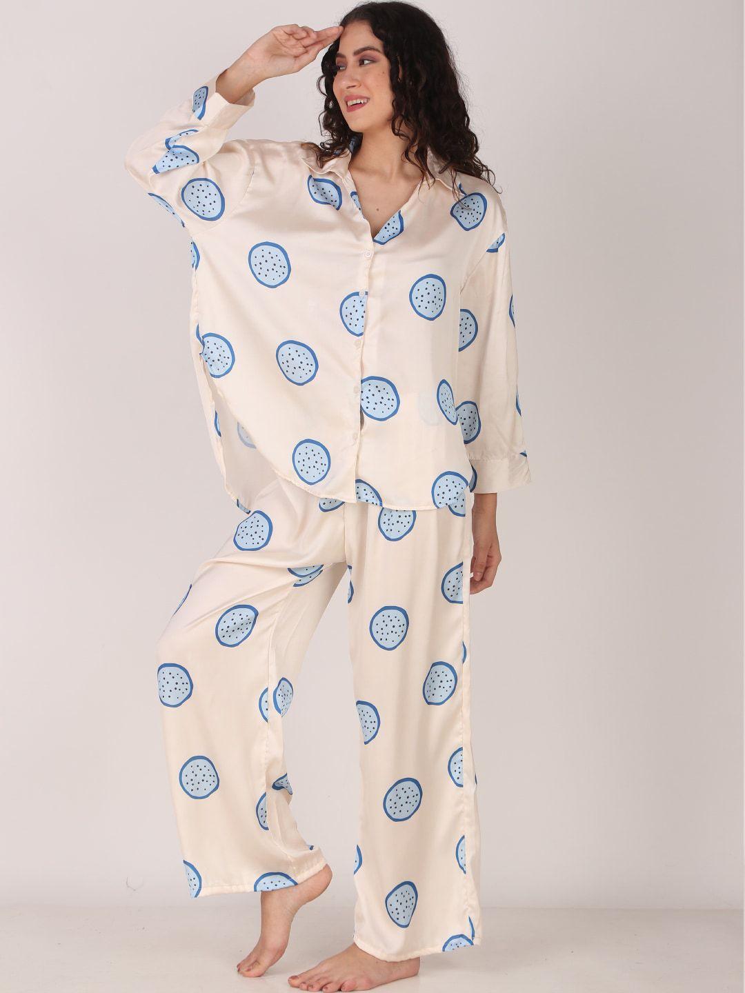 masha conversational printed shirt collar long sleeves satin oversized shirt & pyjamas