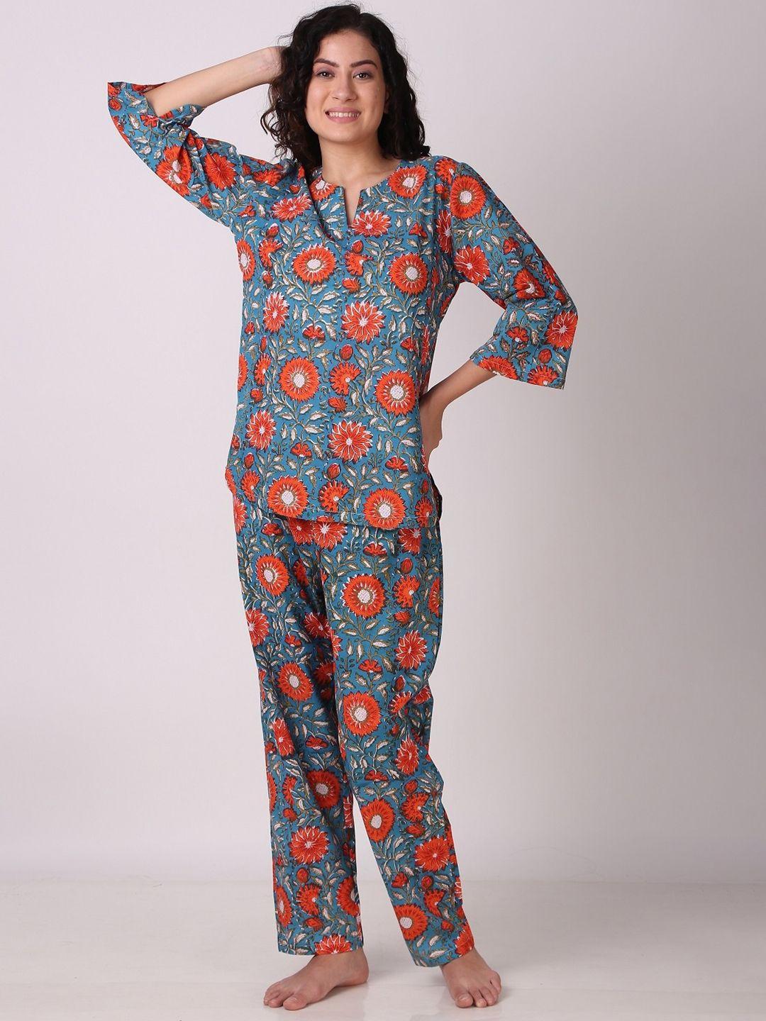 masha floral printed pure cotton top with pyjamas