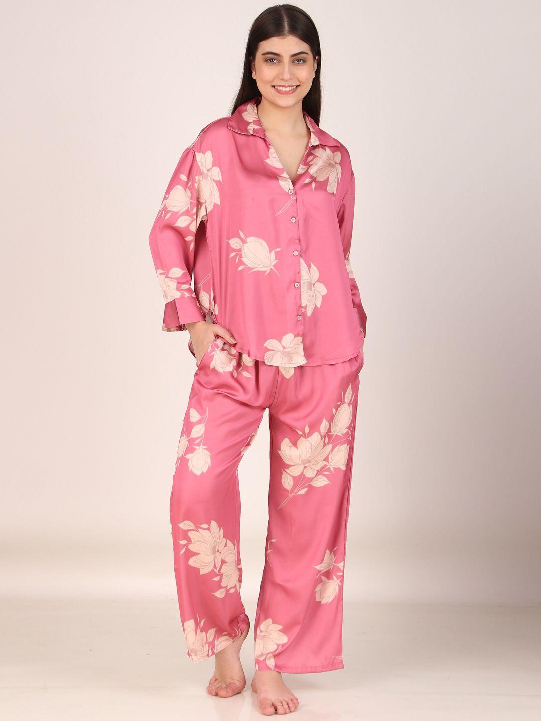 masha pink floral printed satin night suit