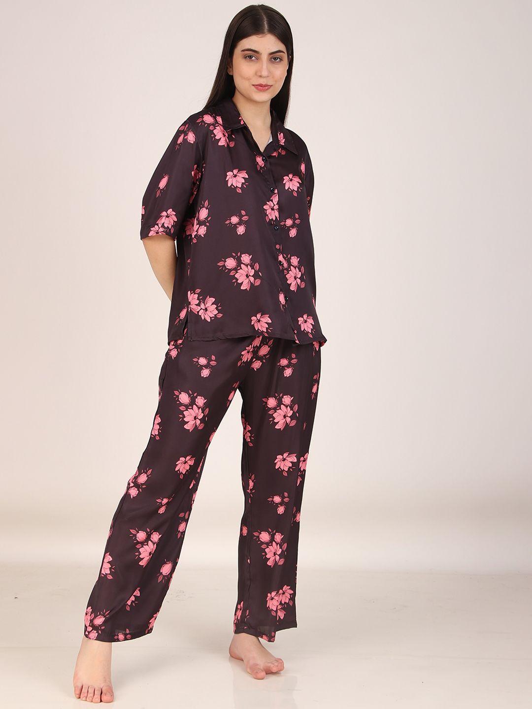 masha purple & pink floral printed satin night suit