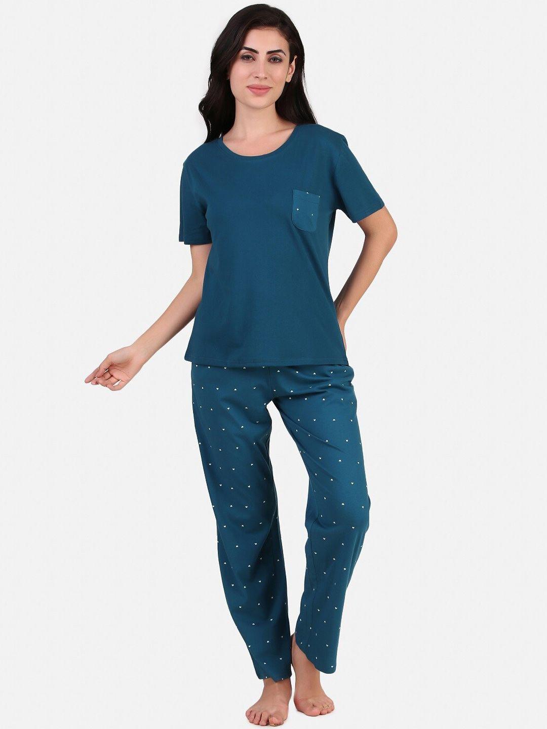 masha teal conversational printed pure cotton night suit