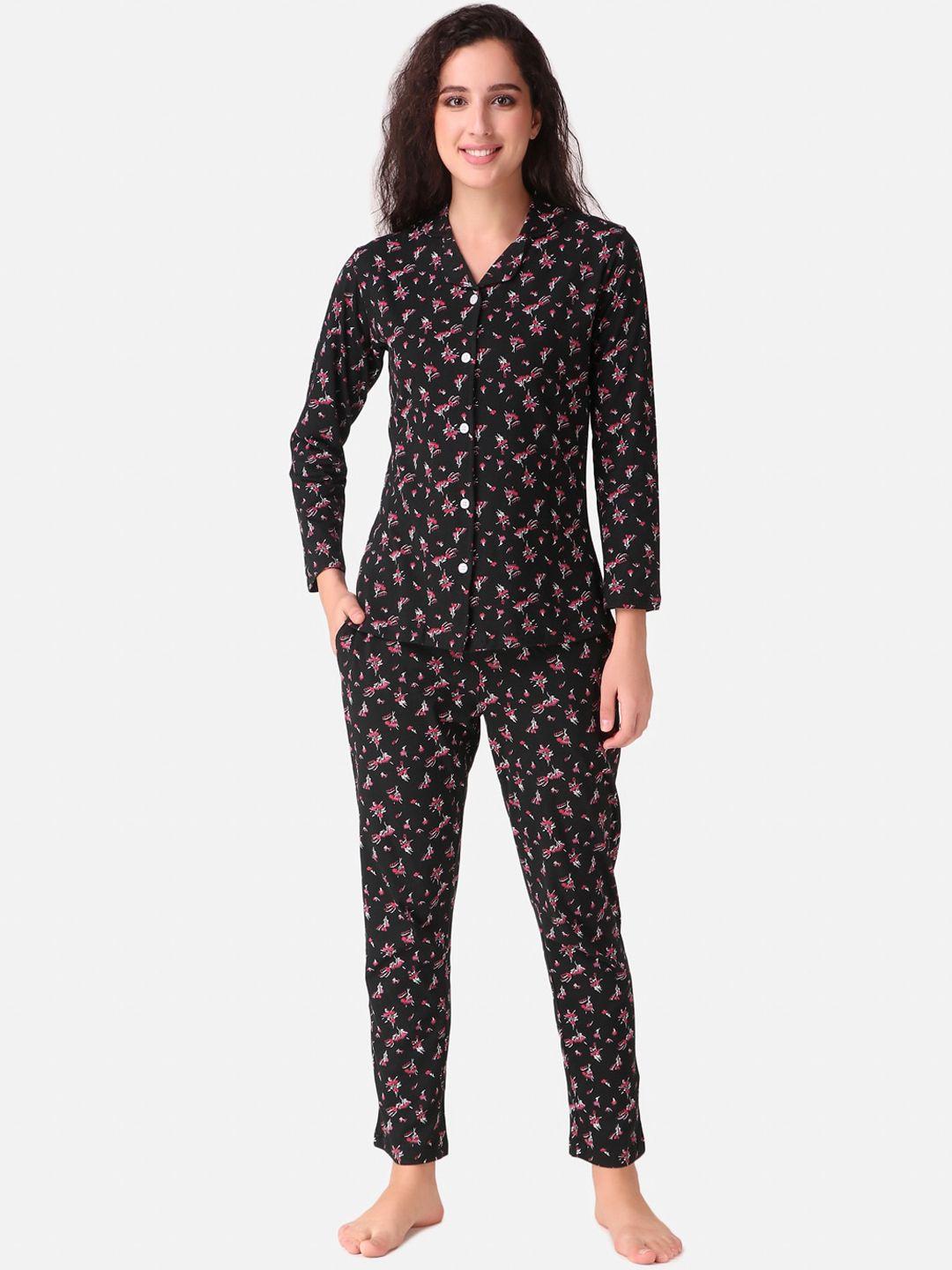 masha women black & pink printed night suit