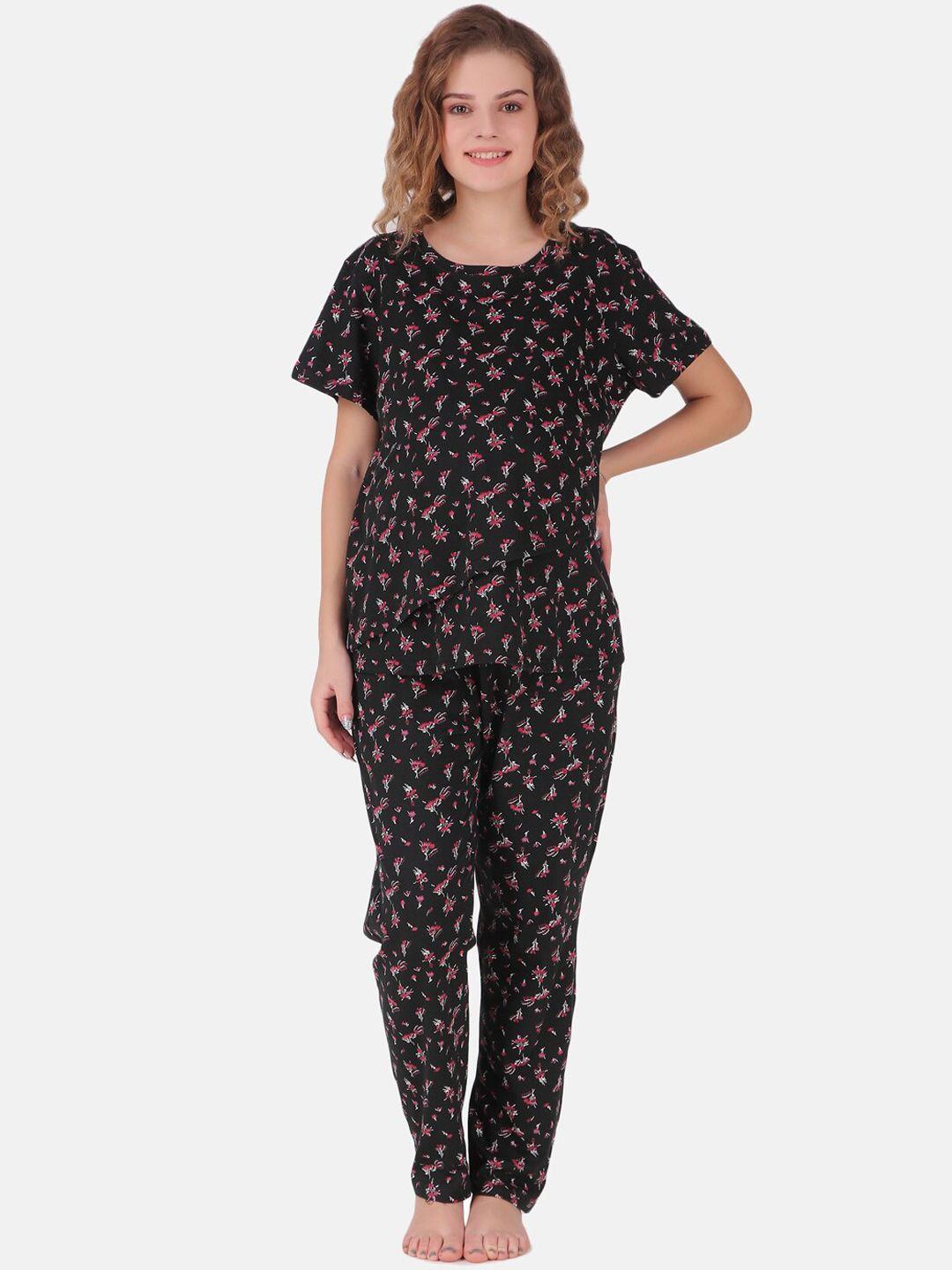 masha women black & pink printed pure cotton maternity night suit