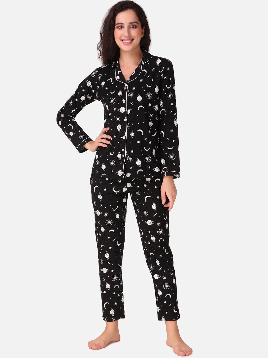 masha women black & white printed pure cotton night suit