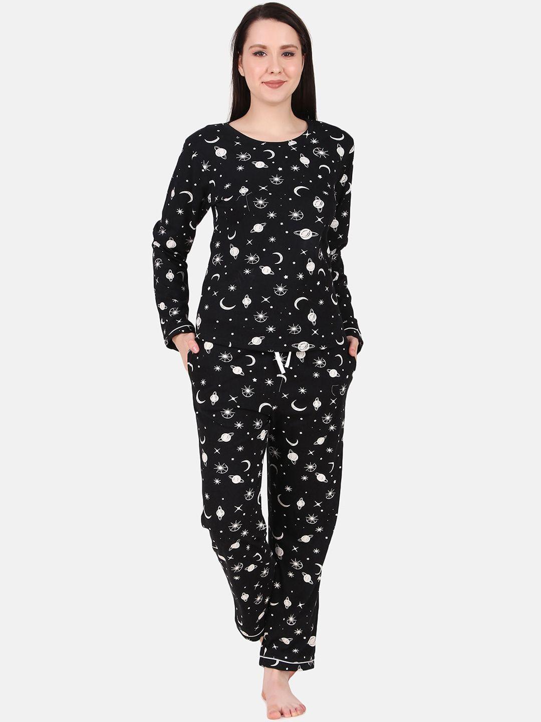 masha women black & white printed pure cotton night suit