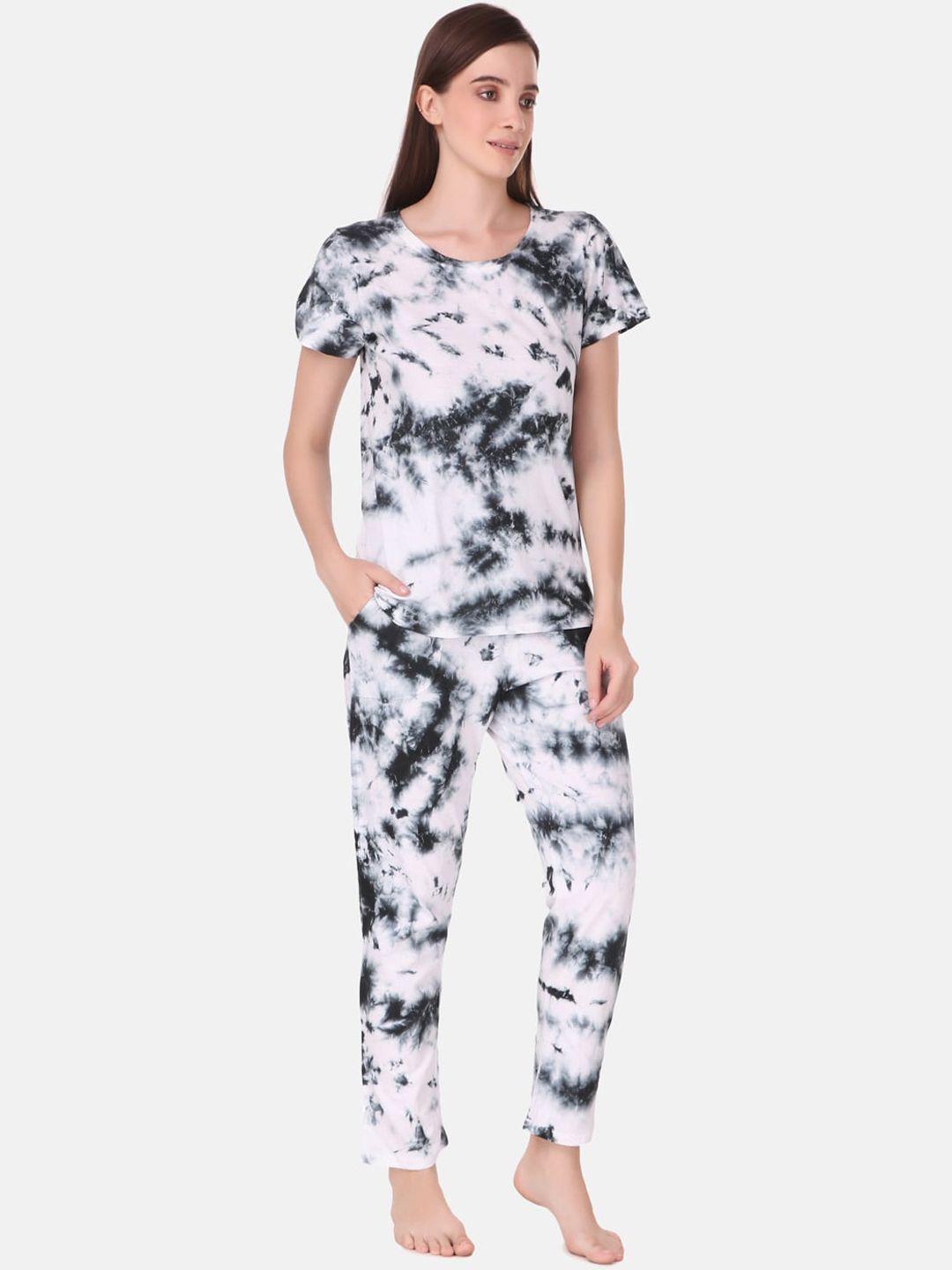 masha women black & white tie & dye printed pure cotton night suit