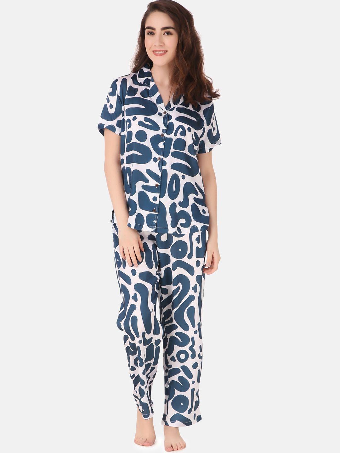 masha women blue printed night suit