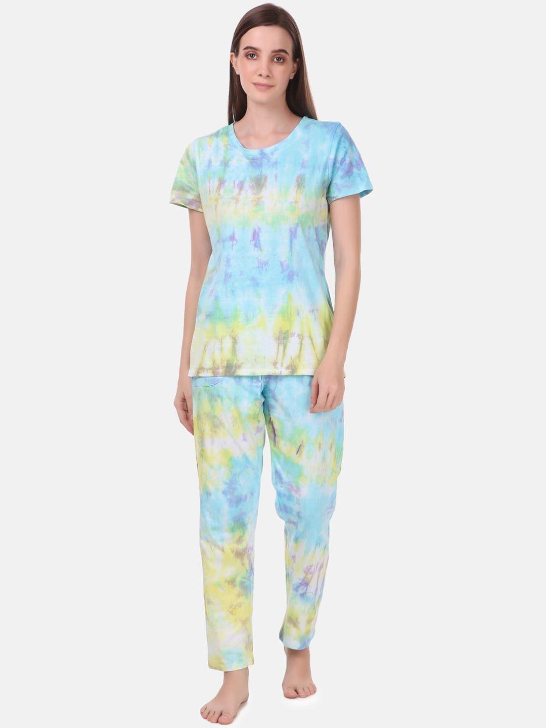 masha women blue tie & die printed pure cotton night suit