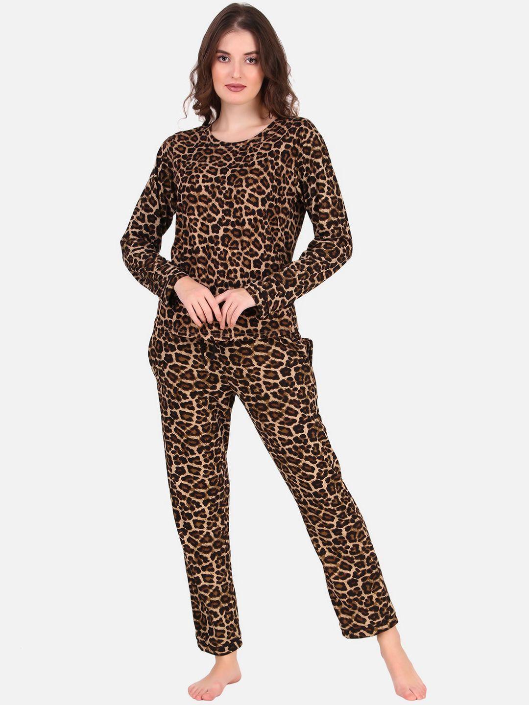 masha women brown & beige printed pure cotton night suit