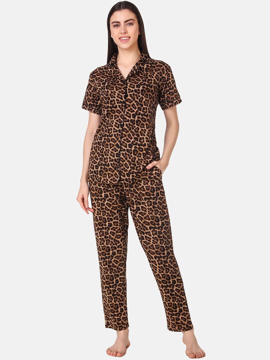 masha women brown & black printed night suit