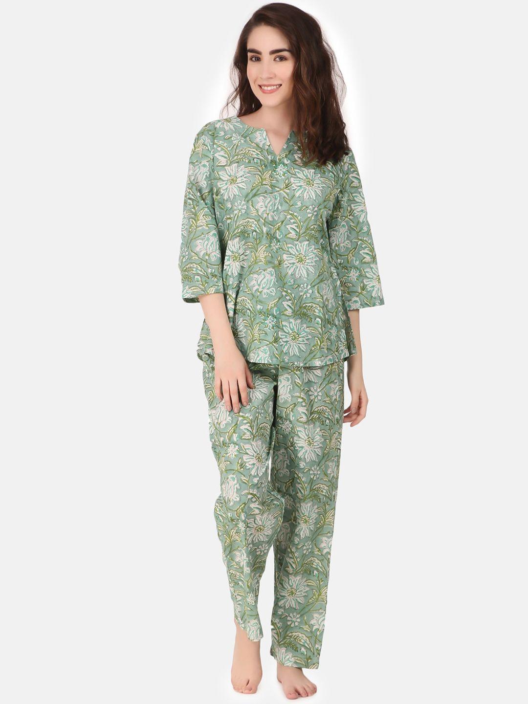 masha women green & white printed night suit