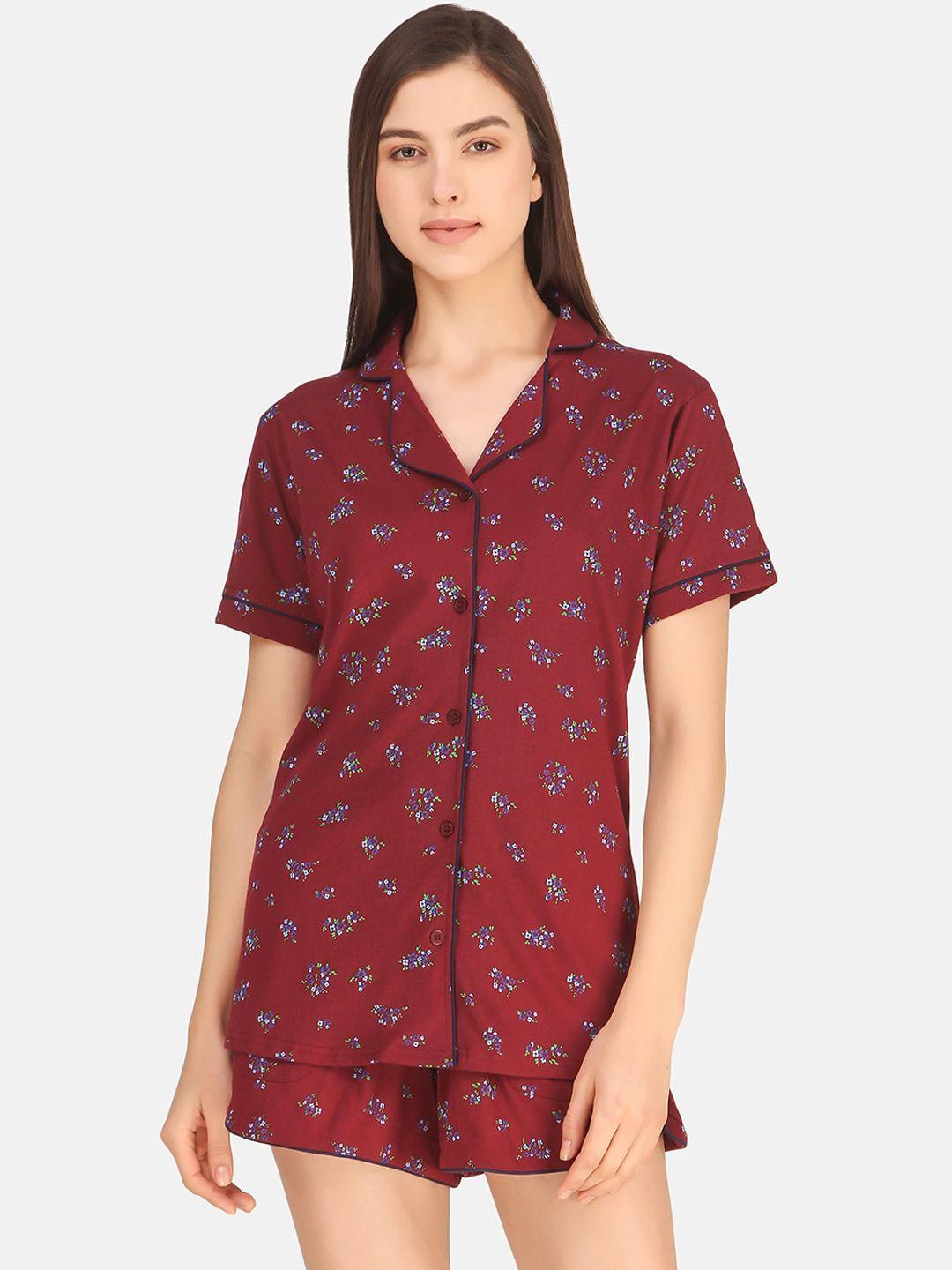 masha women maroon & blue printed night suit