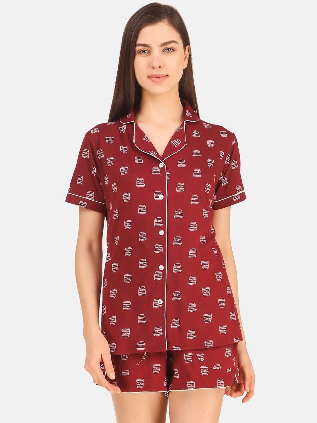 masha women maroon & white printed cotton night suit