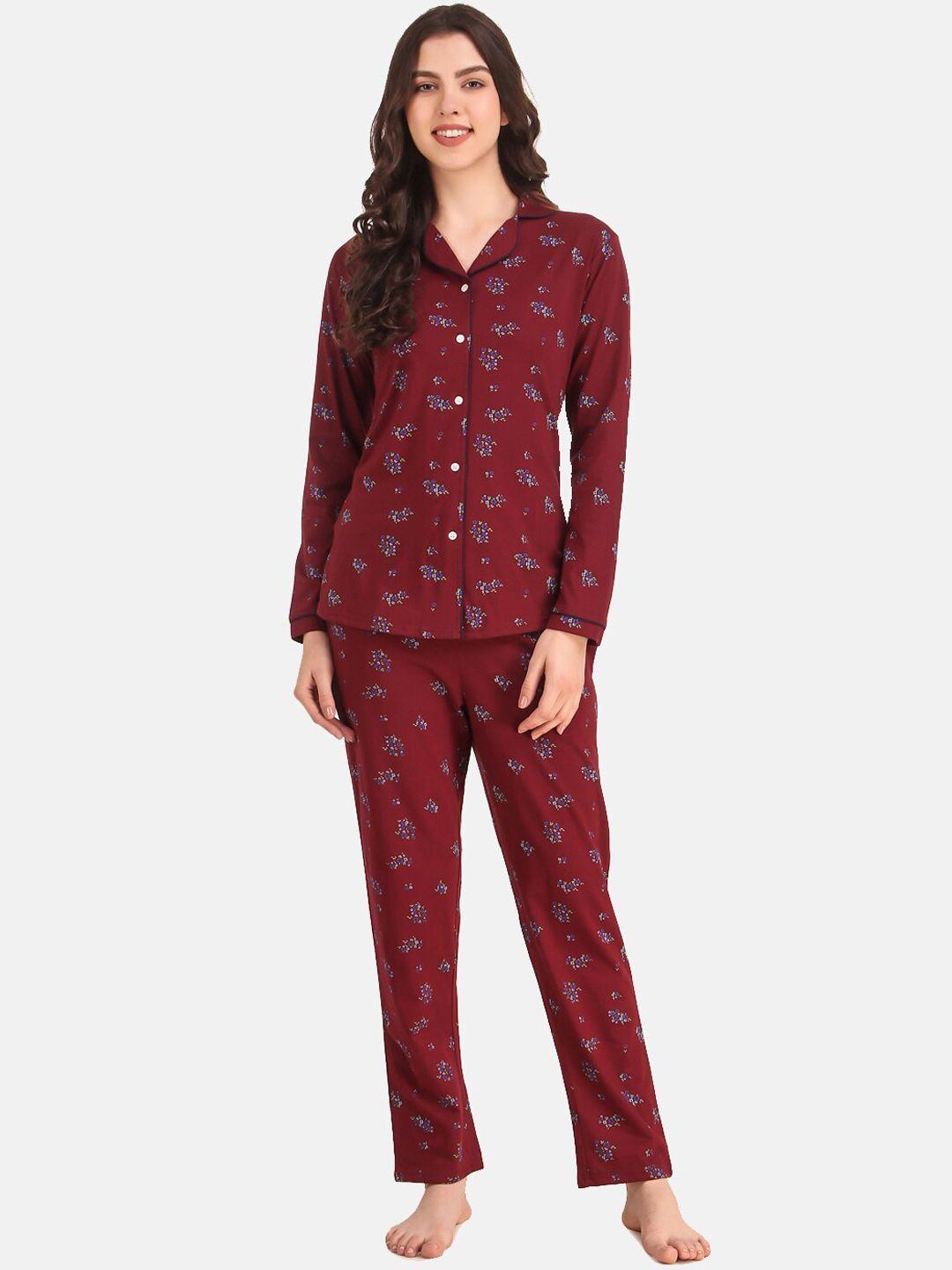 masha women maroon printed night suit