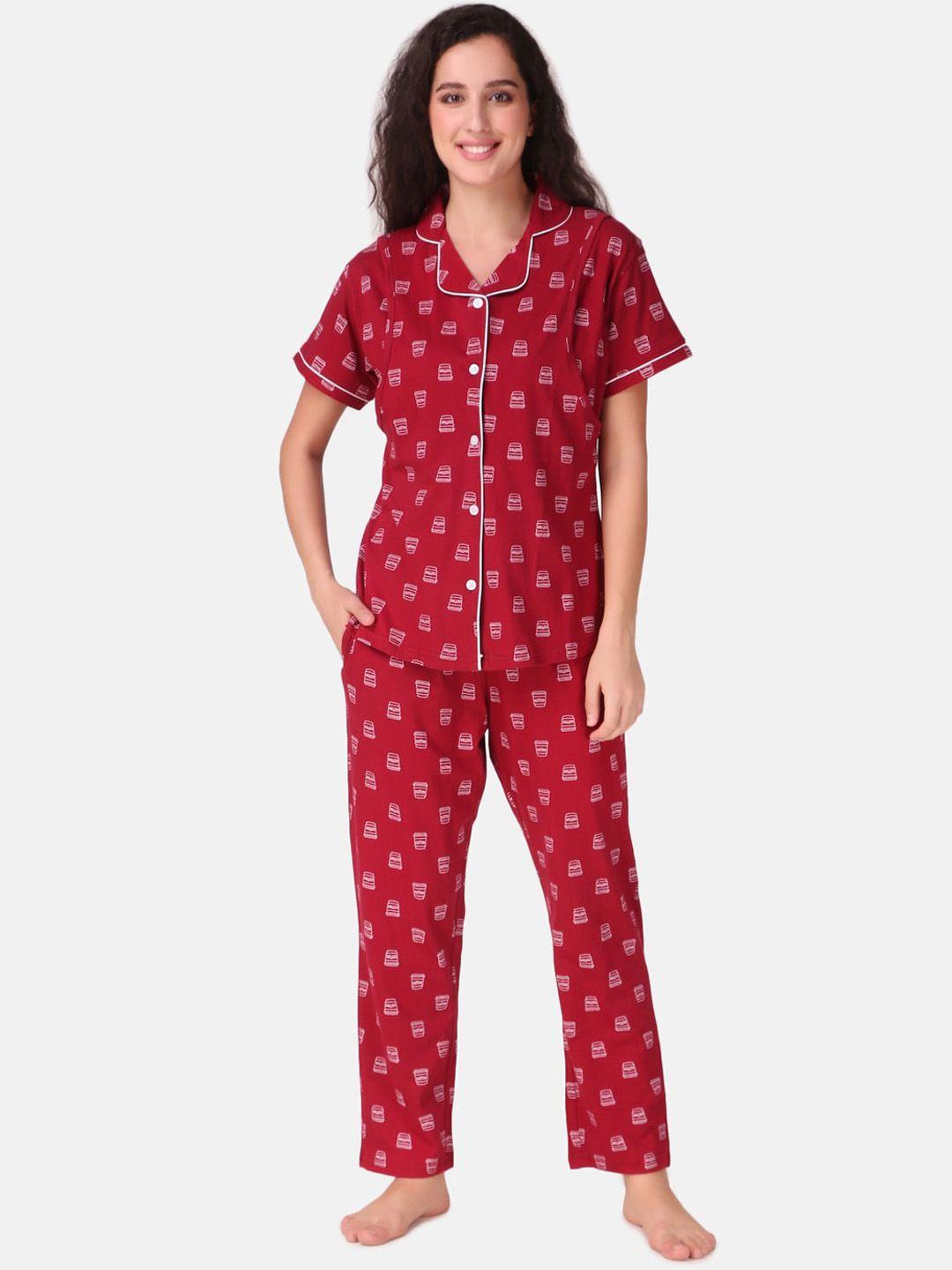 masha women maroon printed pure cotton night suit