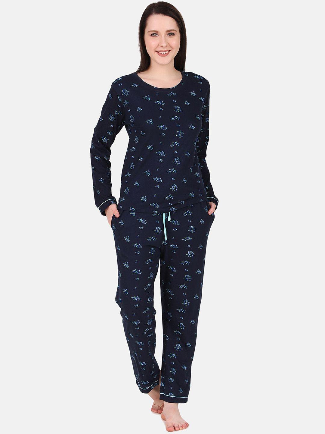 masha women navy blue & blue printed pure cotton night suit