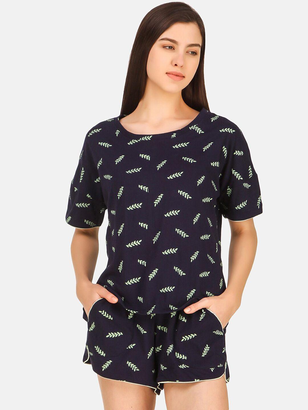 masha women navy blue & sea green printed cotton night suit