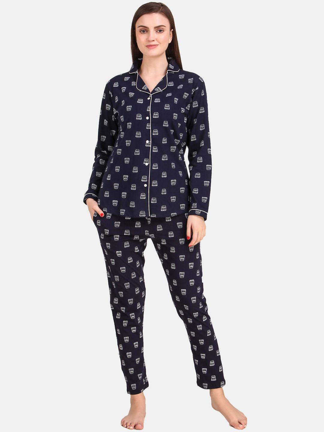 masha women navy blue printed night suit