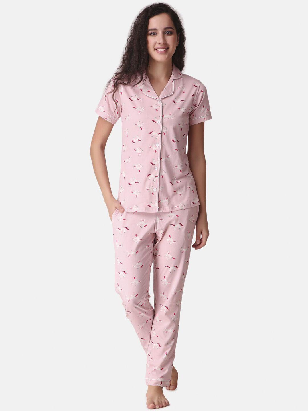 masha women pink & cream-coloured printed night suit