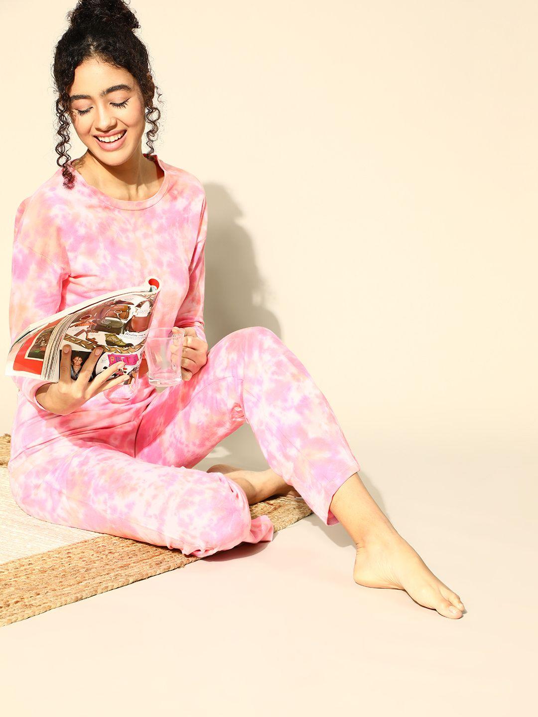 masha women pretty pink tie and dye night suit