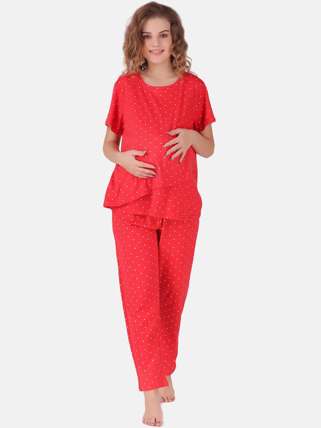 masha women red polka dots printed pure cotton maternity night suit