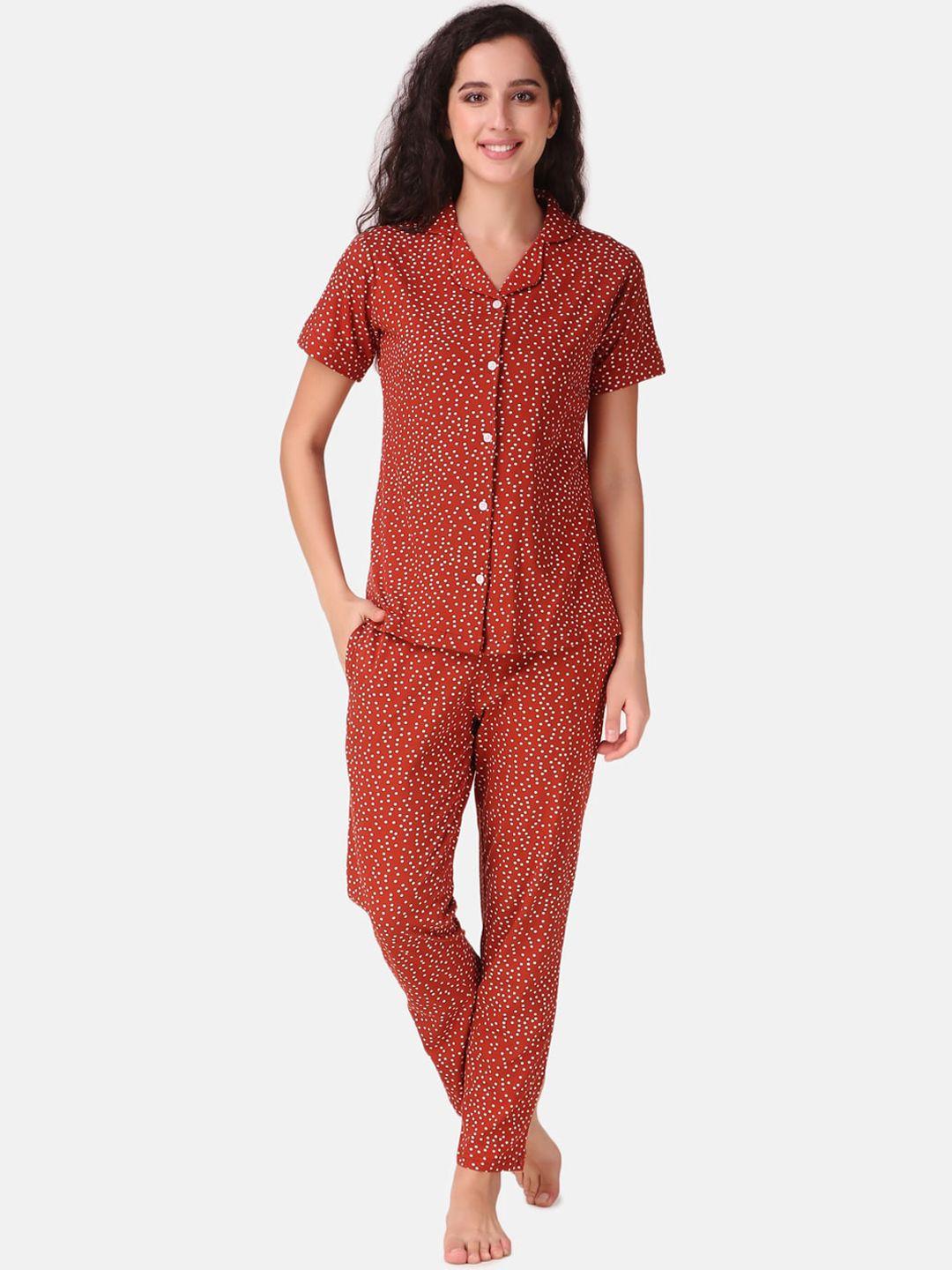 masha women rust & white polka dots printed pure cotton night suit