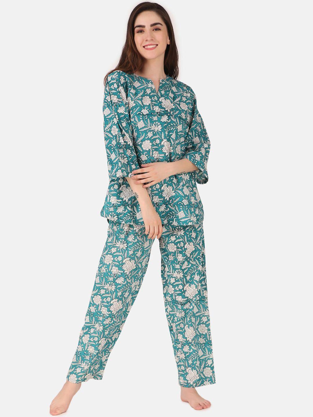 masha women teal & white printed night suit