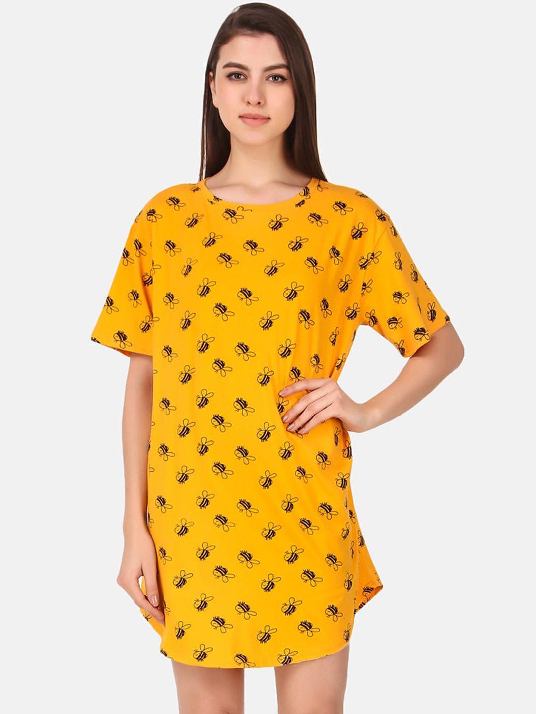 masha women yellow & black printed above knee-length nightdress