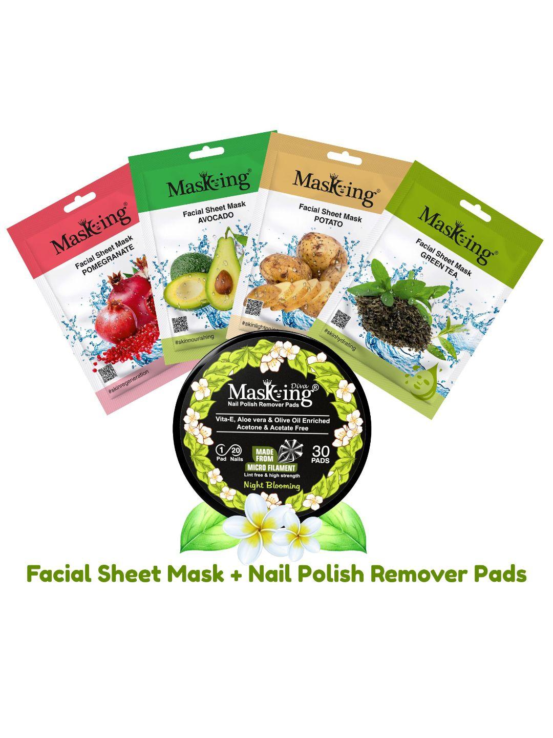 masking pack of 4 natural glow facial mask and nail polish remover combo
