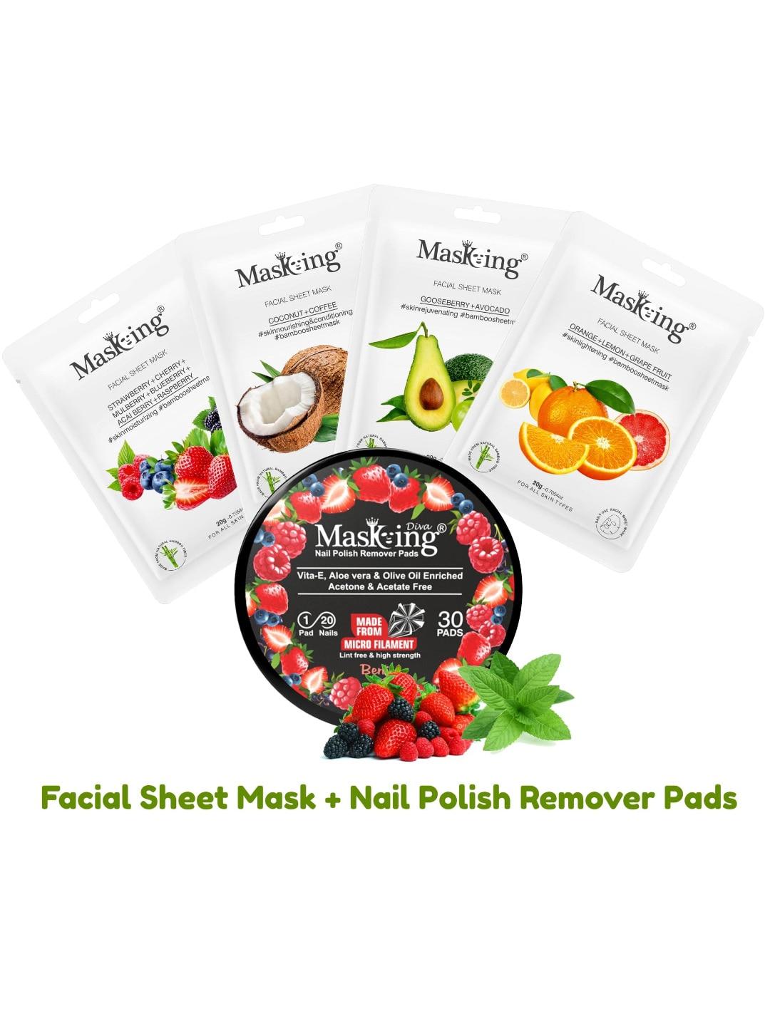 masking pack of 4 soothing facial mask and nail polish remover combo