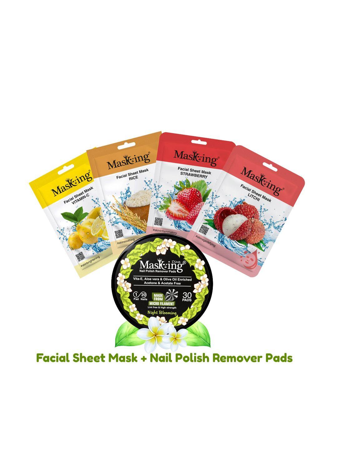 masking pack of 4 skin shooting facial mask and nail polish remover combo