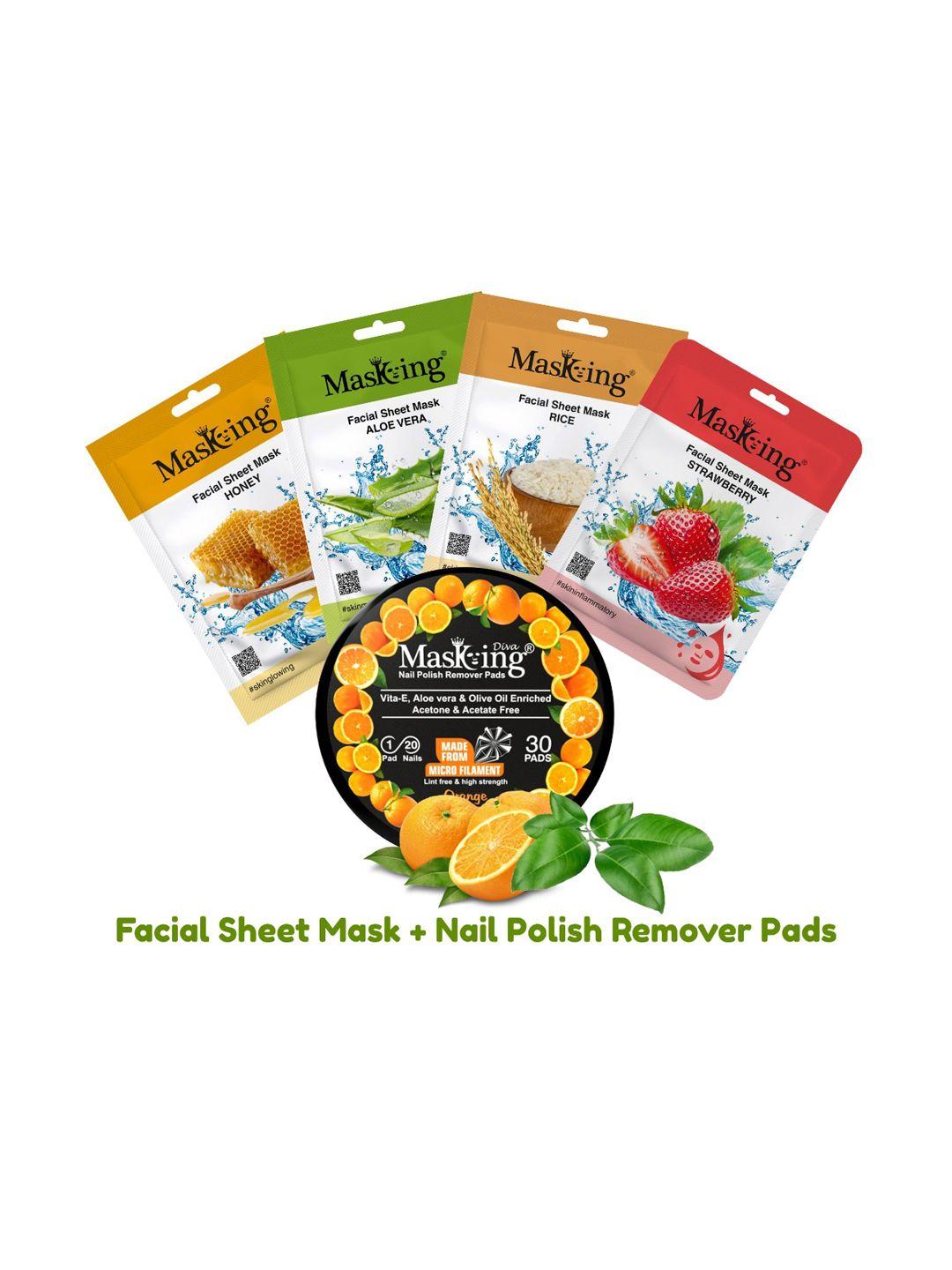 masking pack of 4 skin soothing facial mask and nail polish remover combo