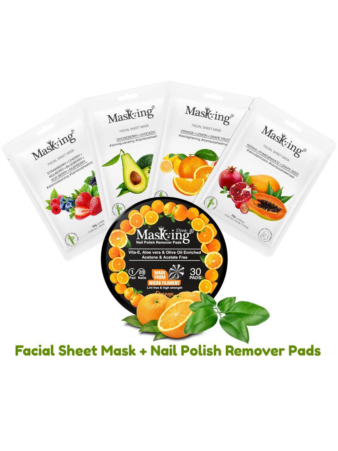 masking set of 4 bamboo facial sheet masks 20g each with orange nail polish remover pads