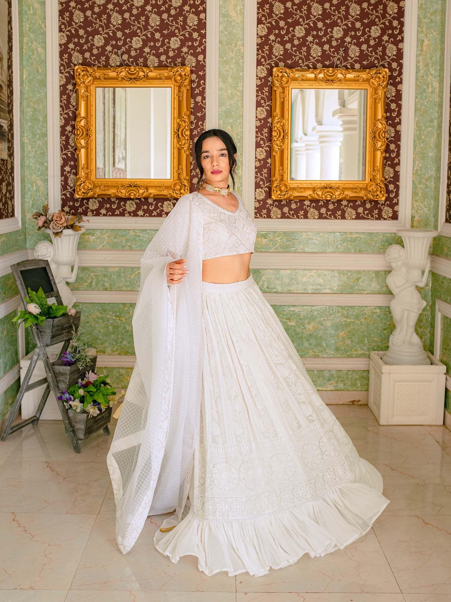 masoom chikankari lehenga with stitched blouse & dupatta- white (set of 3)