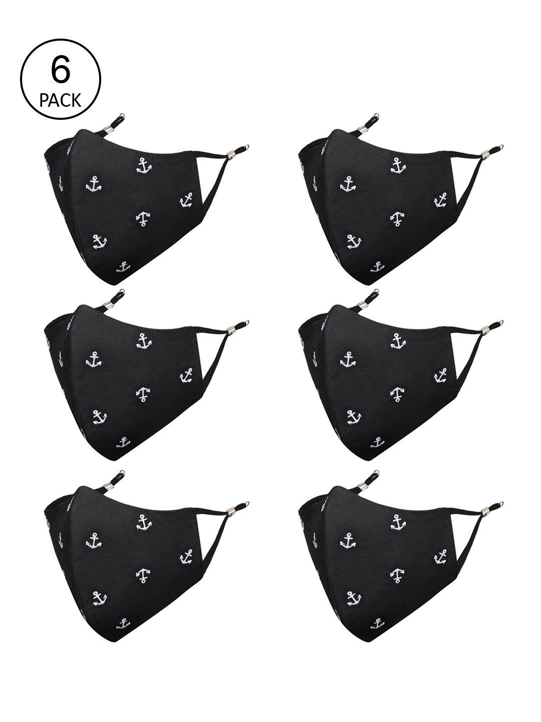masq men pack of 6 black & white printed 4-ply pure cotton cloth masks