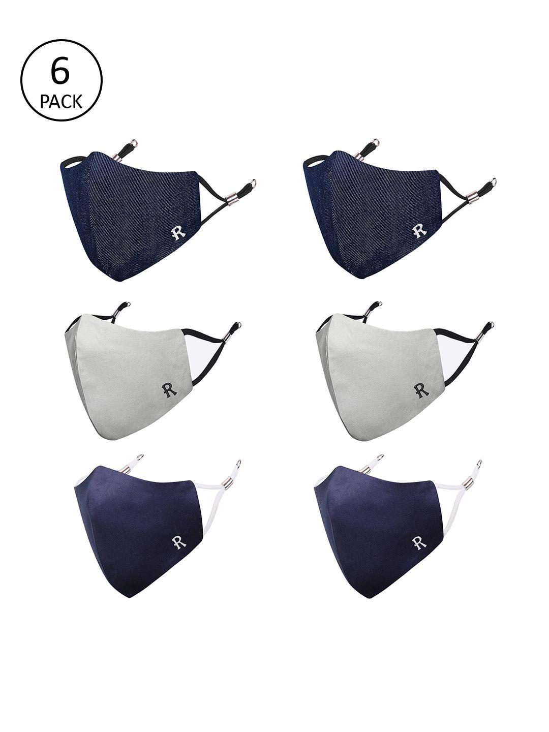 masq pack of 6 navy blue & grey 4-ply pure cotton reusable cloth masks