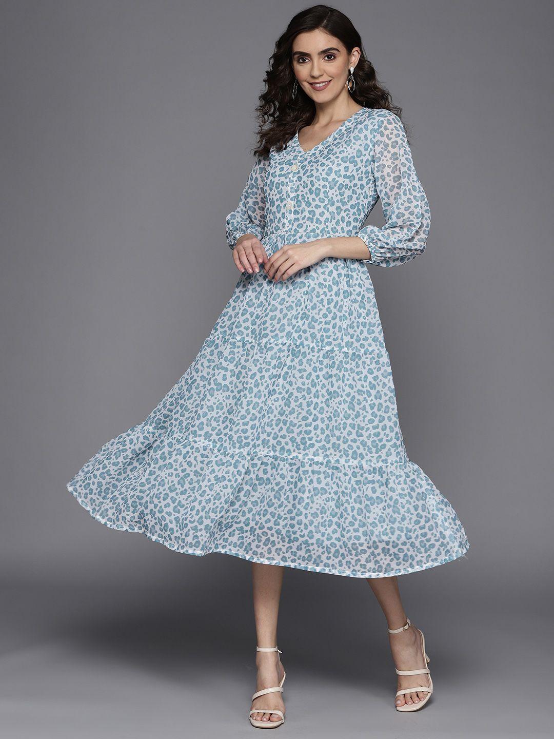 masstani by inddus blue & off white animal print a-line midi dress