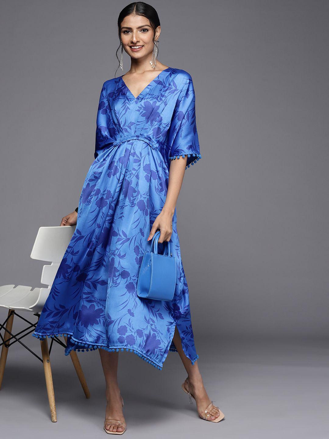 masstani by inddus blue floral print kaftan midi dress