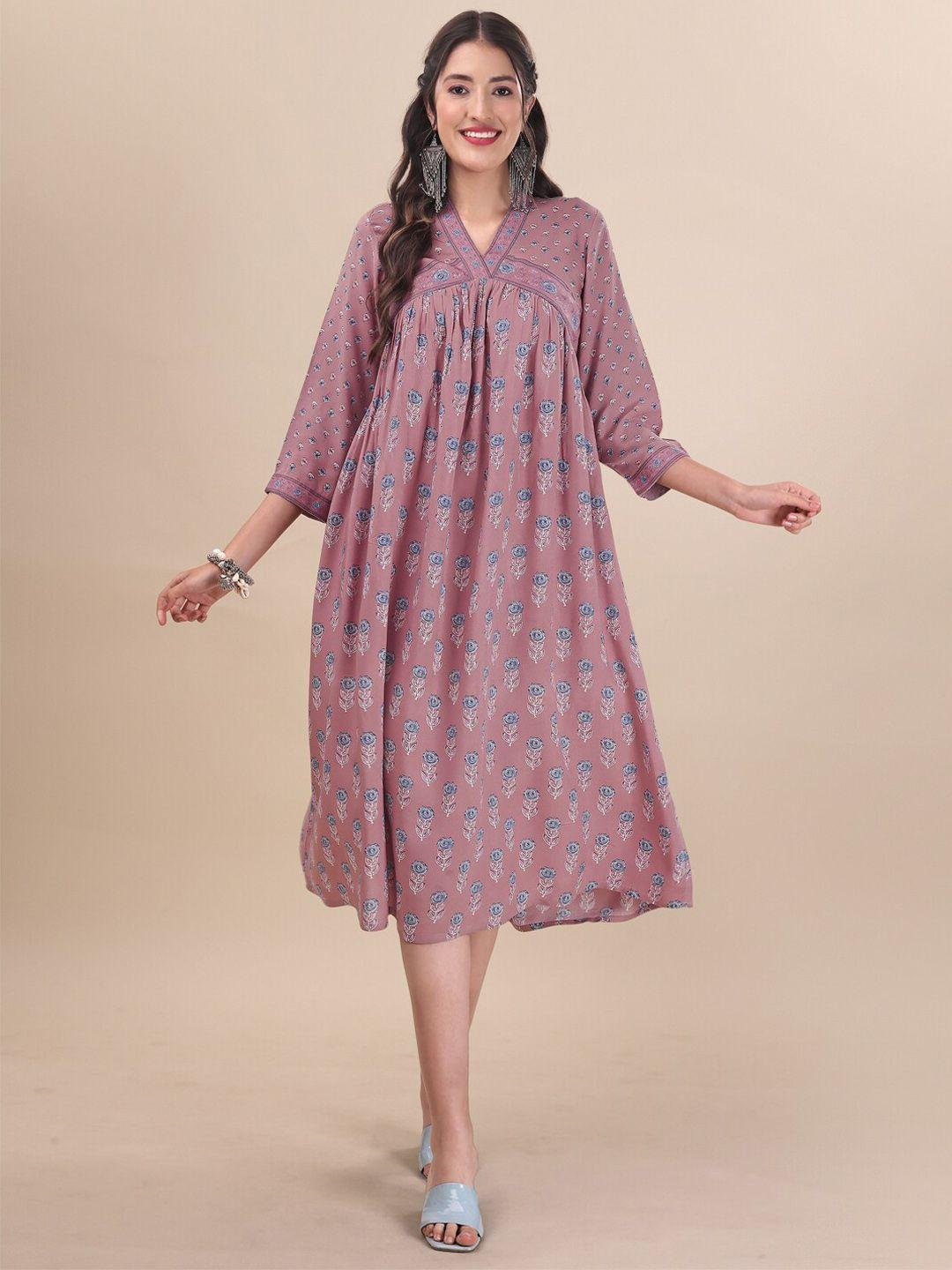 masstani by inddus floral printed flared midi-length pure cotton ethnic dress