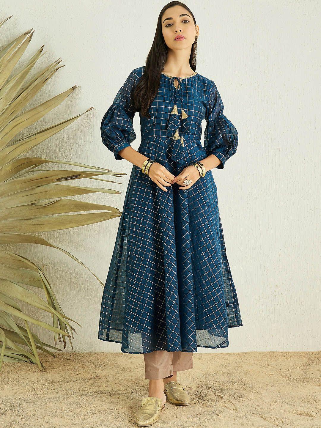 masstani by inddus geometric printed tie-up neck gotta patti cotton anarkali kurta