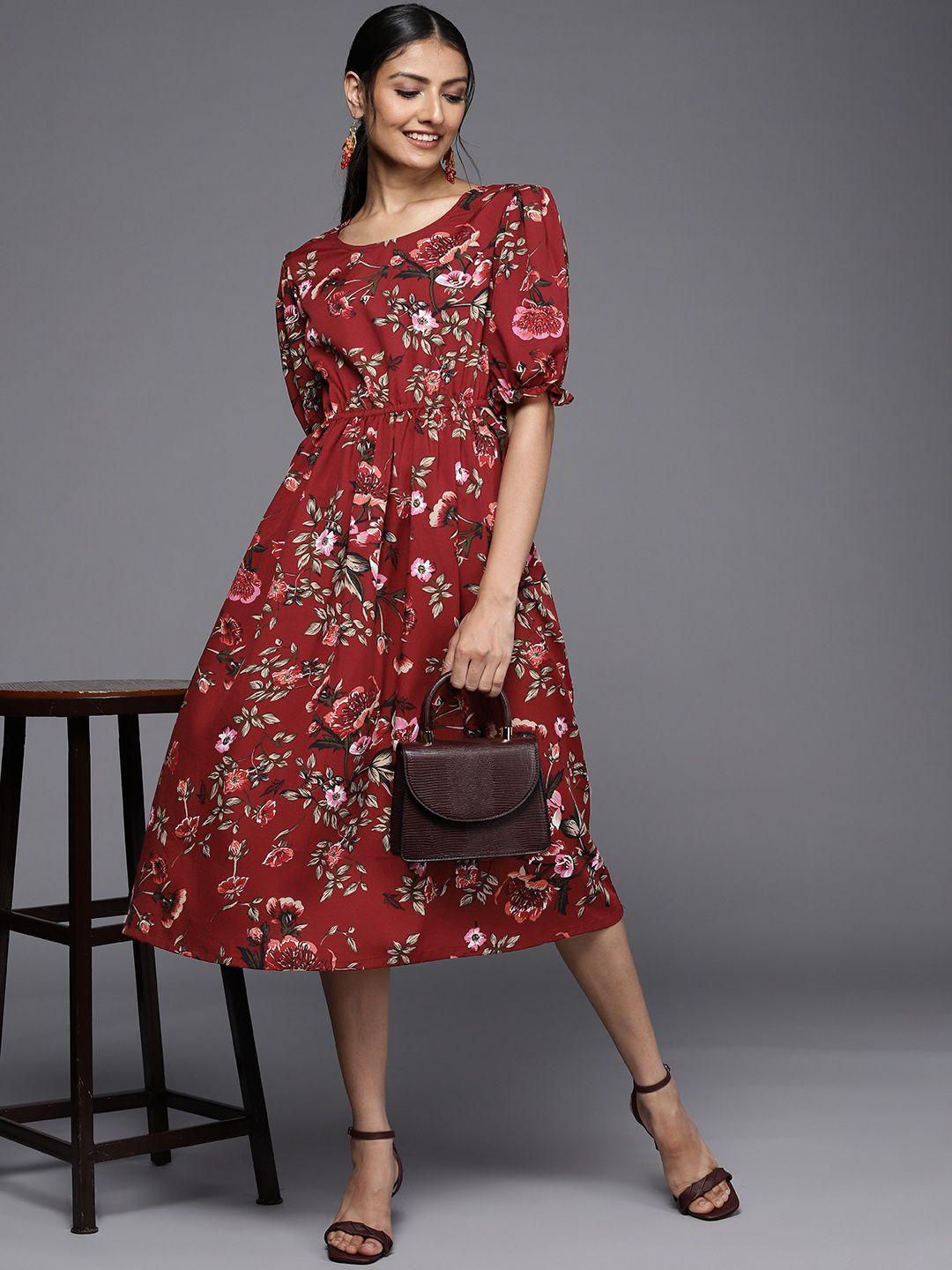 masstani by inddus maroon & white floral print fit and flare midi dress