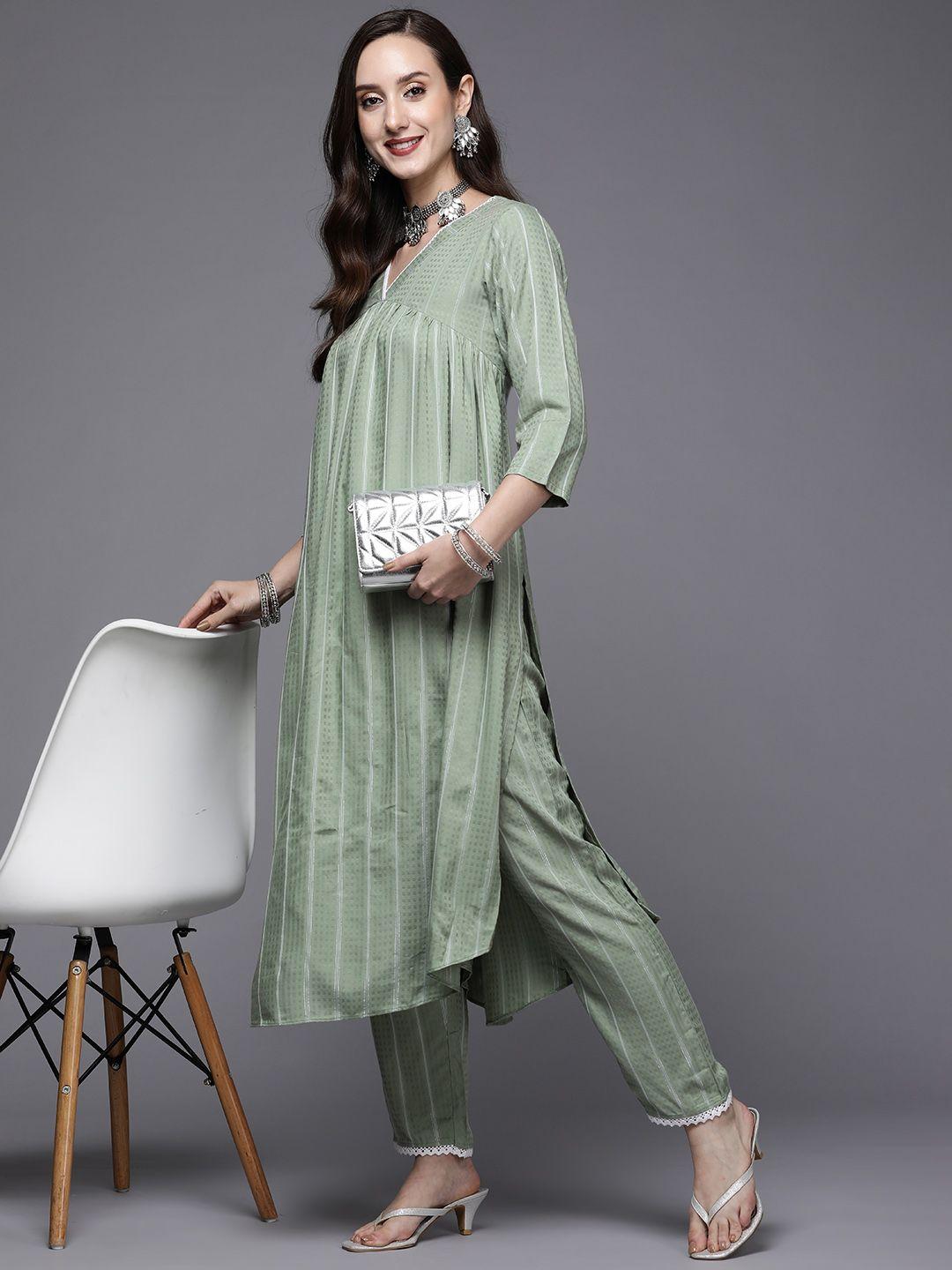 masstani by inddus women green striped pleated kurta with trousers