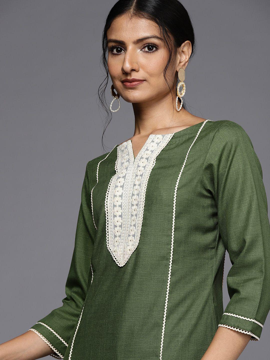 masstani by inddus women green striped yoke design kurta with trousers
